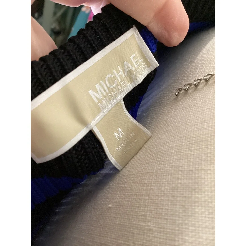Michael Kors Blue Black Striped Ribbed‎ Knit Bodycon Midi Dress Medium
